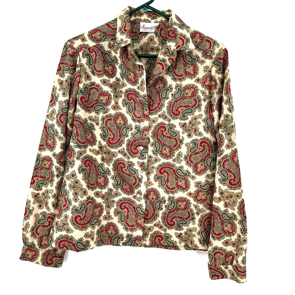Haymaker Size 38‎ Shirt Brown Paisley All Over Print Button Up Boho Hippie Retro